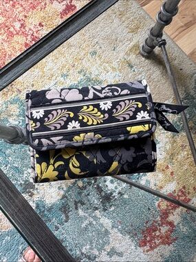 Vera Bradley Black Quilted Floral Compact Wallet with Yellow & Pink Accents